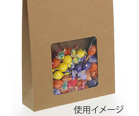 クラフトギフトBOX 窓付バッグM 10枚入 茶色のクラフト素材でできたバッグが横向きに広げられ、窓部分から中が覗ける状態。