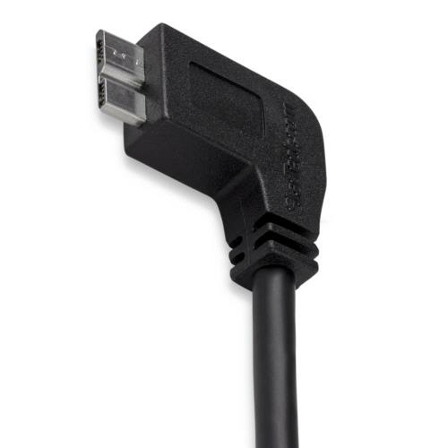 MicroUSB3.0スリムケーブル片側左向きL型　2m　Type　A-Micro　B　オス/オス　ブラック　1本 左向きに折れ曲がった端子を持つケーブルの全体像