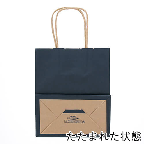 手提げ紙袋（紺・丸紐・幅210×マチ120×高さ250mm） 正面を向いて立つ紺色の紙袋で、丸紐の持ち手が垂直に伸び幅広のマチが開いた状態