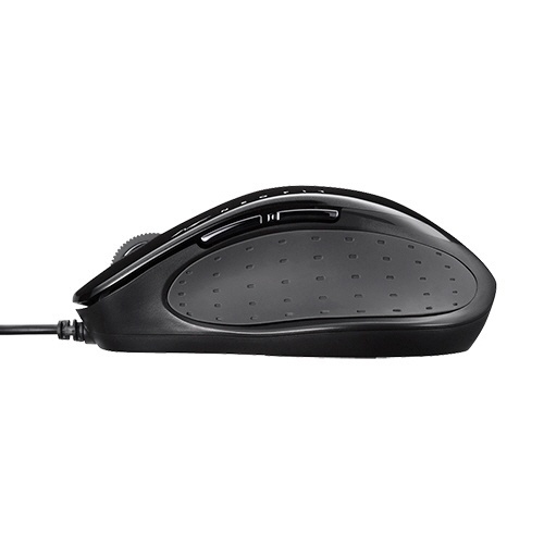 有線 BlueLED 5ボタン ネオフィットマウス Mサイズ ブラック 1個 側面からのアングルで、光沢のあるブラックカラーと明るいボタンが目を引く状態