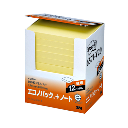 ﾎﾟｽﾄ･ｲｯﾄ ｴｺﾉﾊﾟｯｸ ﾉｰﾄ 再生紙 75×100mm ｲｴﾛｰ 1ﾊﾟｯｸ(12冊)画像