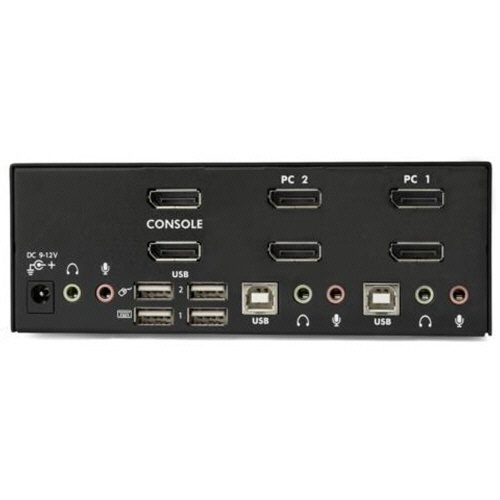 2ポートDisplayPortデュアルモニター対応KVMスイッチ　ブラック　1台 商品の正面が見える状態で、接続ポートが強調されている。