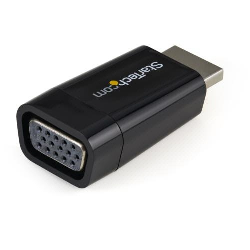 コンパクトHDMI-VGA変換アダプタ/コンバータ　1920×1200/1080p　ブラック　1個 商品が斜めから撮影され、ケーブル部分がしっかりと見える状態