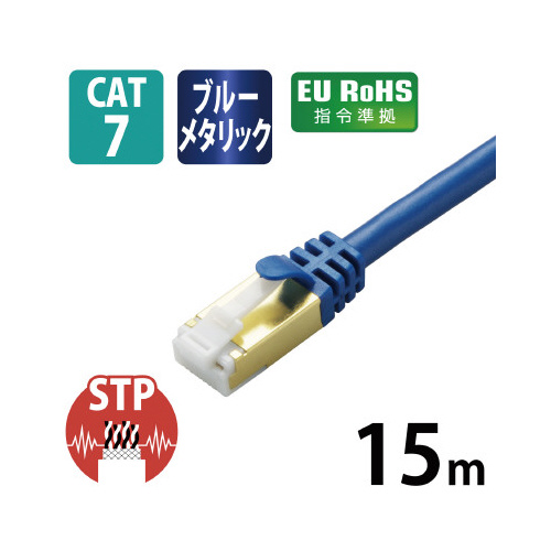 Cat7準拠 15m ブルーメタリック 光沢のあるブルーメタリックのケーブルがねじれずに整然と並んでいる様子