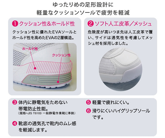 男女兼用 メディカルエレパス 静電作業靴 CSS－306N 静電 ホワイト 27.0cm 白い静電靴が横向きに置かれ、つま先部分が強調された状態