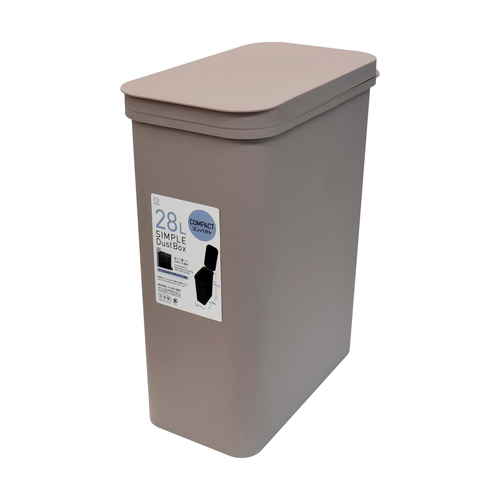 ゴミ箱　28L　縦開き　SIMPLE　DUST　BOX　グレージュ グレージュの縦開きデザインとしっかりとした蓋が特徴のゴミ箱が風景に溶け込んでいる様子