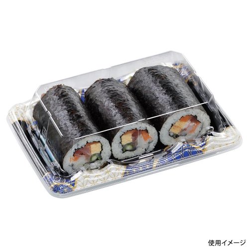 寿司容器 大波皿2-4(V1) 本体 なみ穂青 エフピコ 青い波模様が施された大きな皿の上に寿司がセットされている様子