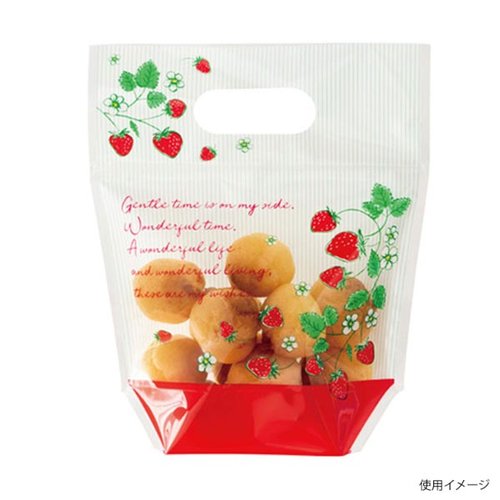 チャック付き袋 いちごジップ付バッグ-XS(30枚) ヘッズ 透明な袋に鮮やかないちごのデザインが施されている状態