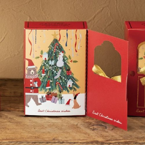 贈答箱 クリスマスベアラーウィンドウギフトボックス-S(20枚) ヘッズ 正面から見た透明窓付きのギフトボックス、クリスマスモチーフのデザインが施されている。