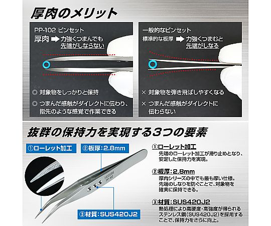 ピンセット 金属製のツールが手に持たれている様子、先端が細かく尖っているのが特徴。