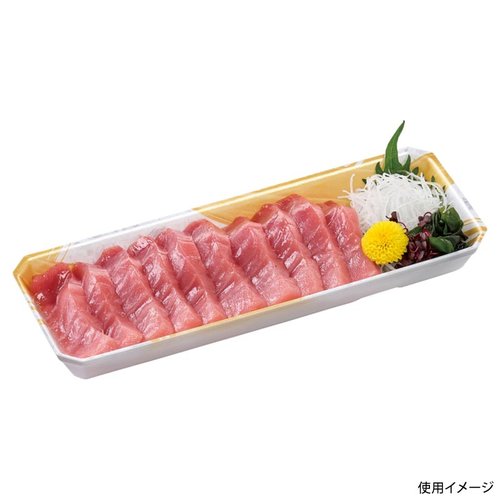 鮮魚トレー 新フレッシュトレー25-9 金ささ銀 エフピコ 透明なトレーに整然と配置された新鮮な魚が並ぶ様子