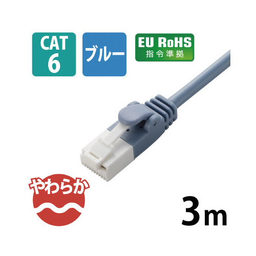 CAT6やわらかLANケーブル/3m/ブルー 柔らかな素材で巻かれた青いLANケーブルが平らに広がっている状態