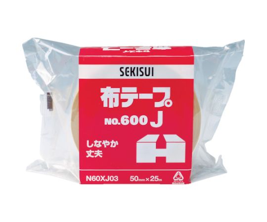 布テープ#600J　100X25 商品のパッケージが正面から見える状態で、赤いロゴが目立つ。