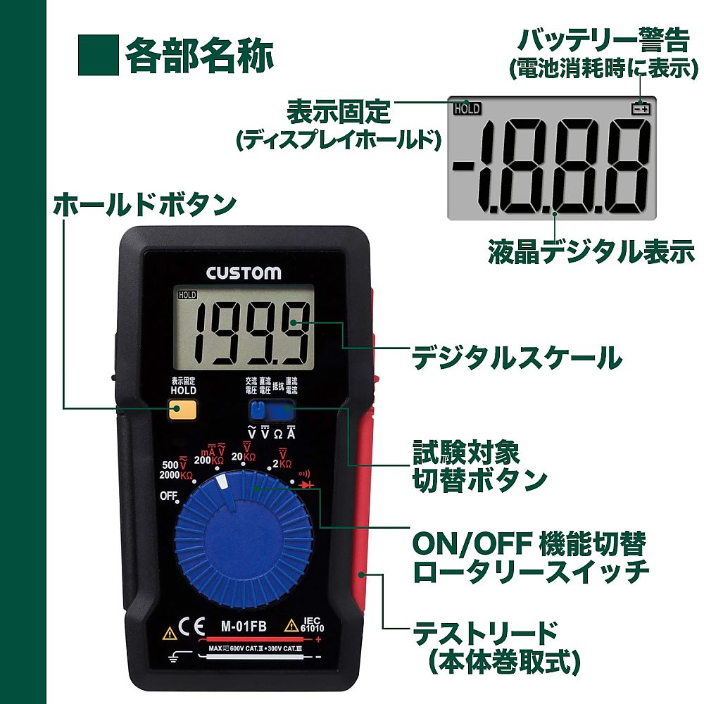 デジタルマルチテスター ディスプレイに数値が表示された状態
