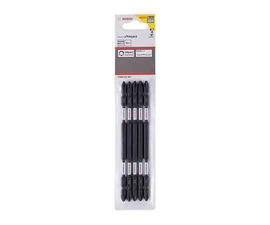 両頭ドライバービット　+2X150MM　5本 メタリックな質感の先端と長いシャフトが並ぶ状態