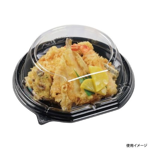 T-半月丼20-19 嵌合高蓋H [ケース販売] 高蓋が付いた透明な容器が横向きに置かれている状態