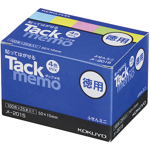 ﾀｯｸﾒﾓ(お徳用･付箋ﾀｲﾌﾟ) ﾐﾆｻｲｽﾞ 50×15mm 4色ﾐｯｸｽ 1ﾊﾟｯｸ(25冊)
