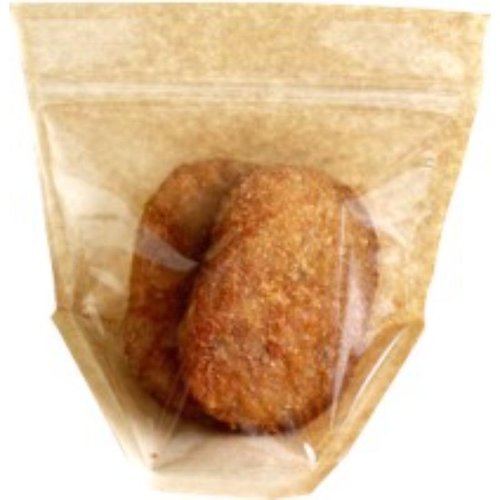 惣菜袋 クラフトチャック袋140 コバヤシ パッケージが斜めから撮影され、クリアなチャック部分が際立っている状態