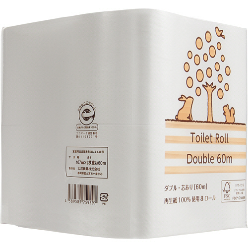 ﾘｻｲｸﾙﾄｲﾚｯﾄﾍﾟｰﾊﾟｰ(2倍巻) ﾀﾞﾌﾞﾙ 芯あり 60m 1ｾｯﾄ(48ﾛｰﾙ:8ﾛｰﾙ×6ﾊﾟｯｸ)画像