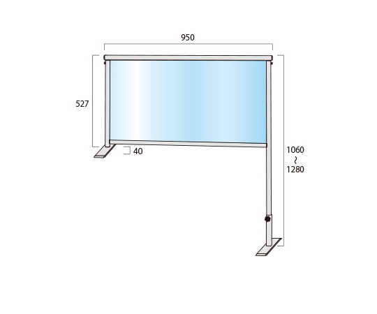 カウンターパーテーション　450×900mm 全体が白い背景に映え、縦長のスリムなデザインの側面が見える状態