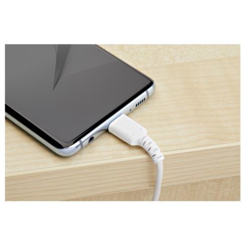 USB　A-USB　Cケーブル　2m　アラミド繊維補強　ホワイト　1本 アラミド繊維が見える状態で、本体が垂直に立てられた様子