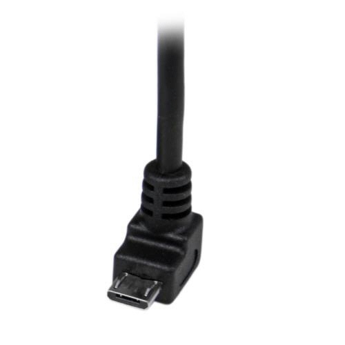 USB2.0-マイクロUSBケーブル　L型下向き　2m　Type　A(オス)-Micro　B(オス)　ブラック　1本 L型コネクタが下向きに配置された黒色の長いケーブル