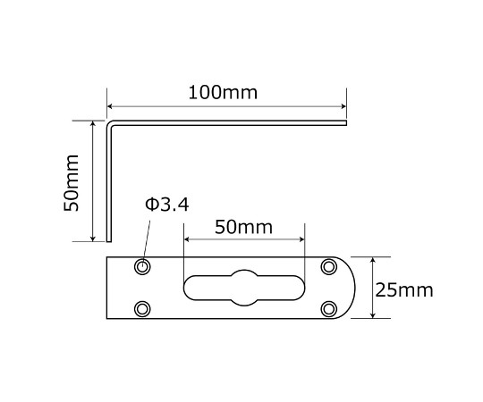 補助金具ステンレス　L型　長さ100×50mm 金具が横向きに置かれ、表面に光沢がある状態