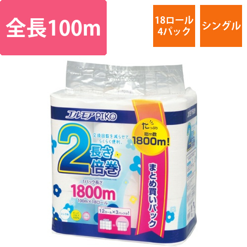 エルモア　ピコ　2倍巻トイレットロール　花の香り　シングル　100m　1セット(72ロール:18ロール×4パック)画像