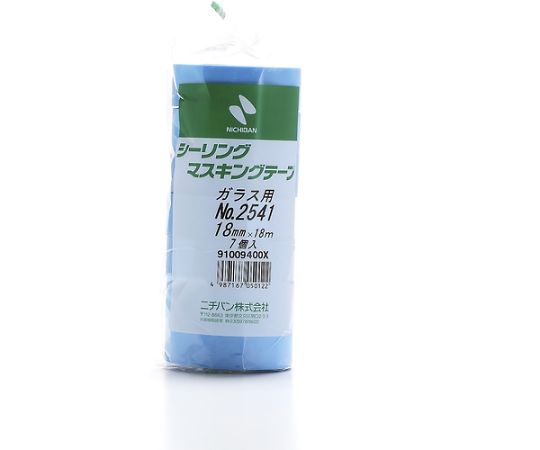 シーリングマスキングテープ（ガラス用）2541H-18　18mmX18m（7巻入り） 透明なテープが重なった状態で、巻きの部分が見える。