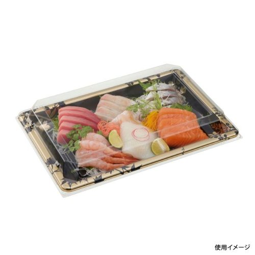 刺身容器 DX 角皿 特1 花盛MT-BK 身 中央化学 黒い角皿の上に刺身が盛り付けられた状態、鮮やかな色合いが際立つ。