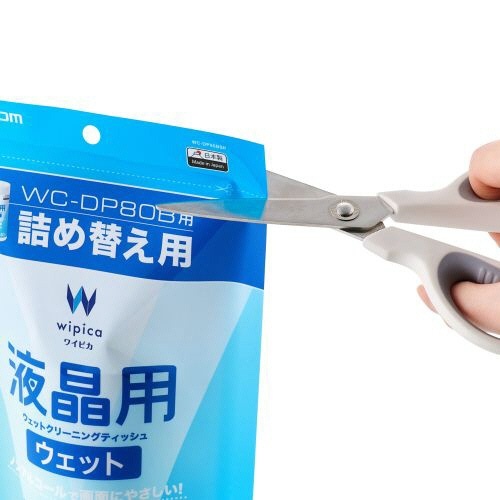 液晶用ウェットクリーニングティッシュ　詰替用　1パック(90枚) パッケージの前面が見える状態で、中央に大きなロゴが描かれている