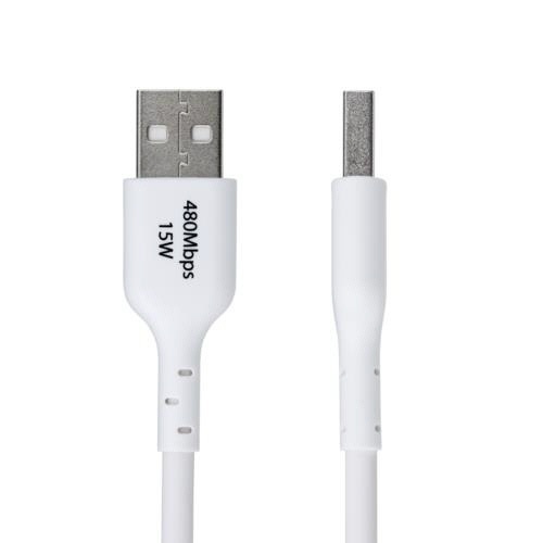 USB2.0ケーブル　Type　A(オス)-Type　C(オス)　3m　ホワイト　1本 白いケーブルが床に置かれ、端子部分が明瞭に見える状態