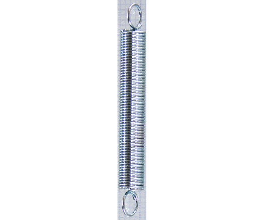 ユニクロメッキ　引バネ　線径0.5mm×外径5mm×自由長40mm 光沢のあるメッキ仕上げの引バネが、真上から横並びに並んでいる様子