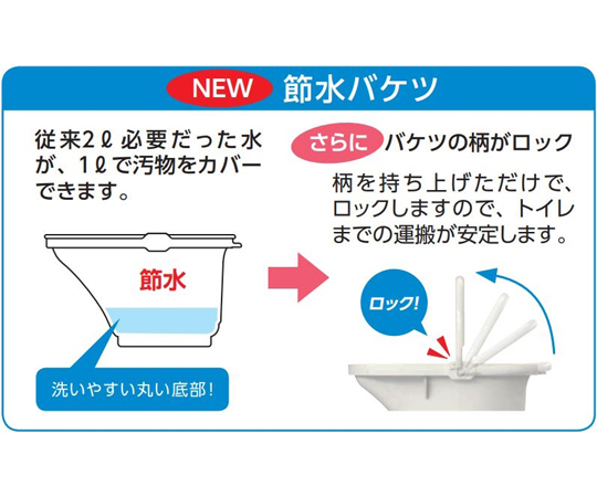 節水型ポータブルトイレ用バケツ 青いバケツが白い背景に置かれ、上部が開いた状態で内部が見える様子