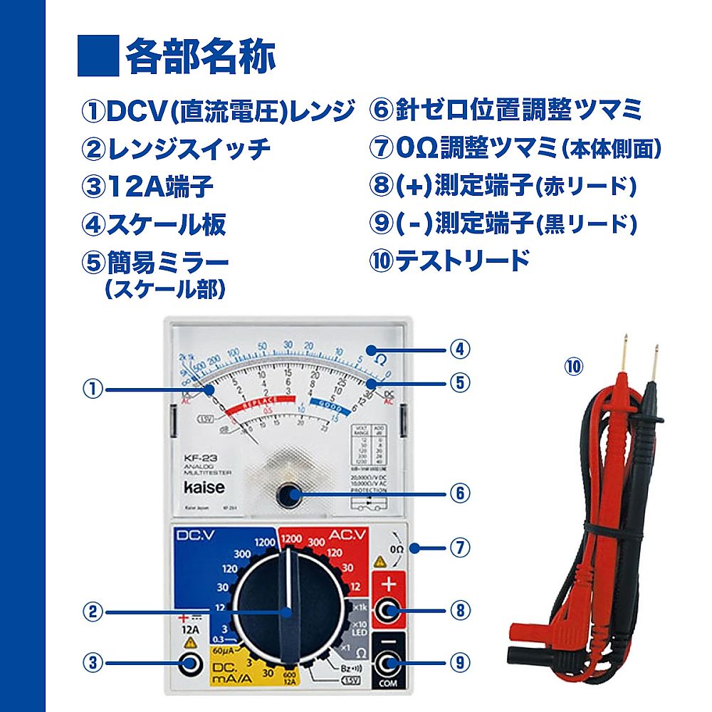 アナログマルチテスター 前面に表示されたメーターと針の動きが見える状態