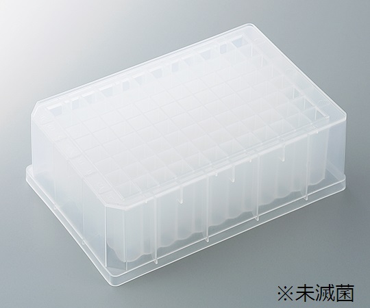 96ウェルディーププレート（V底）未滅菌（8個/袋×4袋入） 透明なプレートが8個並べられた袋が4つ重ねられている状態