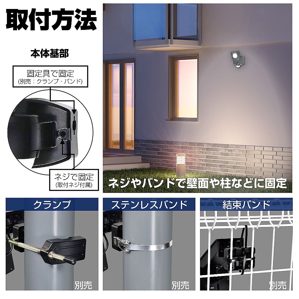 乾電池式　センサーライト 丸みを帯びた本体が壁に取り付けられ、周囲を照らす様子
