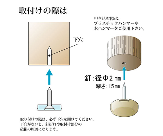 イス脚に打つ！　打ち込み式ウレタン　φ21mm　4個入 黒いウレタンパーツが並んでいる様子、中央に打ち込み箇所が明示。