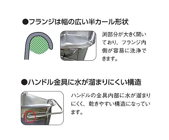 18-8 給食バット 運搬型 穴明 半カールフランジタイプ H185mm 約36L 光沢のある金属製のバットが正面から見える状態、半カールフランジが特徴的