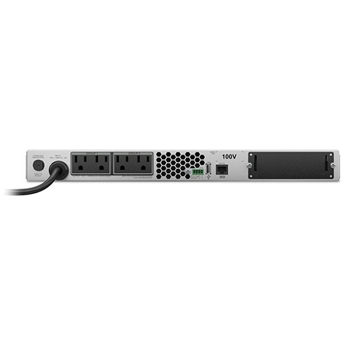 UPS　無停電電源装置　Smart-UPS　ラックマウント　1U　5年保証　1200VA/1000W　1台 黒いラックマウント型の無停電電源装置が正面から見える状態。
