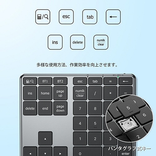 テンキー　Bluetooth　ブラック　1個 滑らかな表面の黒いテンキーが見える状態、側面に電源ボタンが配置されている。