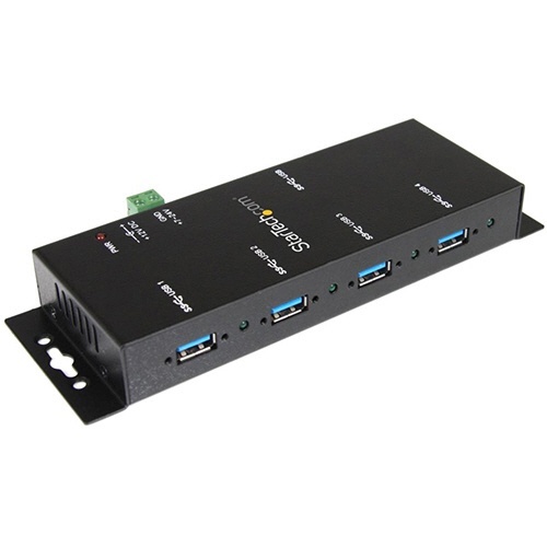 4ポート産業用USB　3.0ハブ　ウォールマウント対応　ブラック　1個 滑らかなブラック仕上げの横から見たハブ、4つのUSBポートが並んでいる。