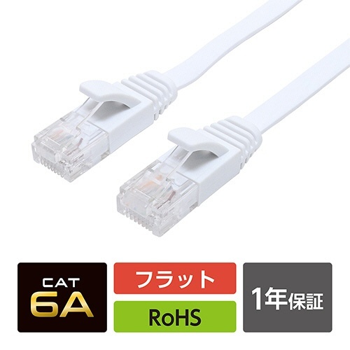 ミヨシ CAT.6A LANケーブル フラット ホワイト 3m 1本 平坦に広げられた白いLANケーブルが見える状態