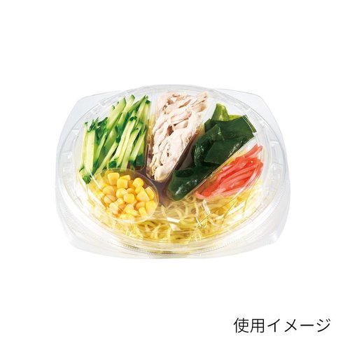 冷麺容器 バイオボール ジャスト 4K 194-42B リスパック 透明な容器に入った冷麺が美しく盛り付けられている様子
