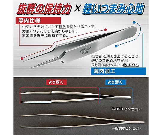 強力型ピンセット グリップ部分がしっかりとした状態で手に持たれたピンセット