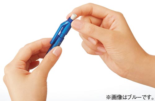 鉛筆シャープTypeS　0.9mmピンク 鮮やかなピンク色のボディが見える正面の姿勢で、ノック部分が上部に配置された状態。