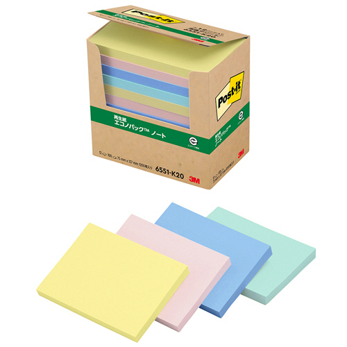 ﾎﾟｽﾄ･ｲｯﾄ ｴｺﾉﾊﾟｯｸ ﾉｰﾄ 再生紙 75×127mm 混色 1ﾊﾟｯｸ(12冊)画像