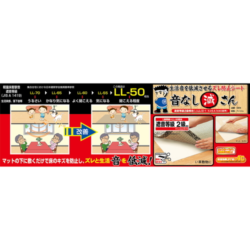 ズレ防止シート　防音ズレ防止音なし減さん　170cmx230cmx2mm 表面が滑らかで、周辺に滑り止めのデザインが施された状態