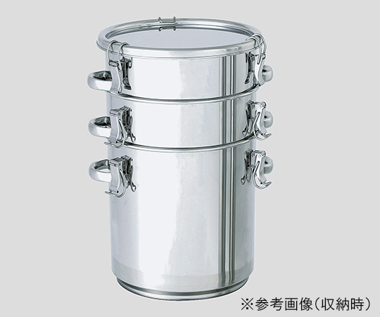 積み重ね式テーパー型ステンレス密閉容器 65L φ430×485×0.9mm 金属の光沢がある密閉容器が横向きに置かれた状態