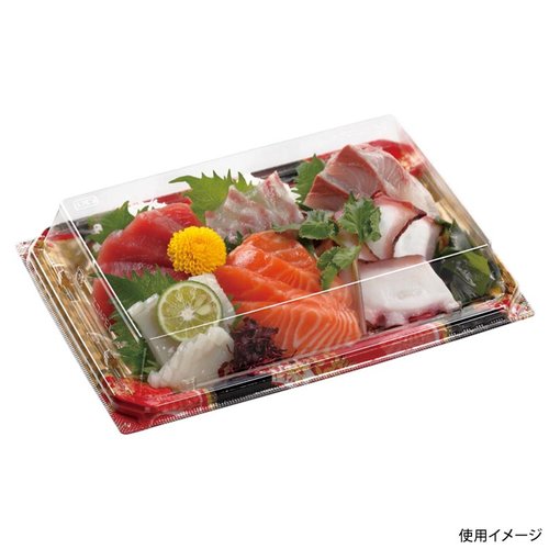 刺身容器 カレン24-16 本体 花明り金 エフピコ 上面からの俯瞰視点で、金色の装飾が施された容器が平らに置かれている様子
